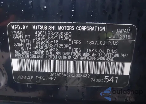 2019 Mitsubishi Outlander Se z USA, uszkodzony, nr VIN JA4AD3A37KZ008432